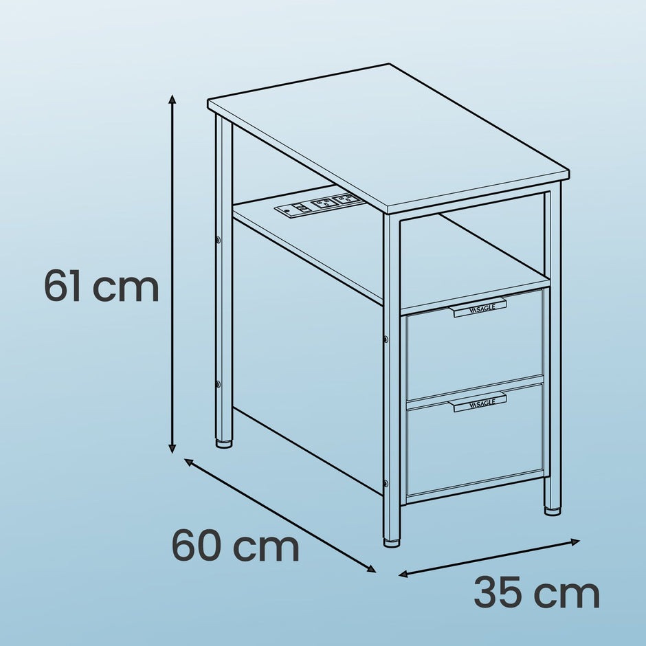 Narrow End Table – Wood – Grey and Black – Features 2 Drawers and Charging Station
