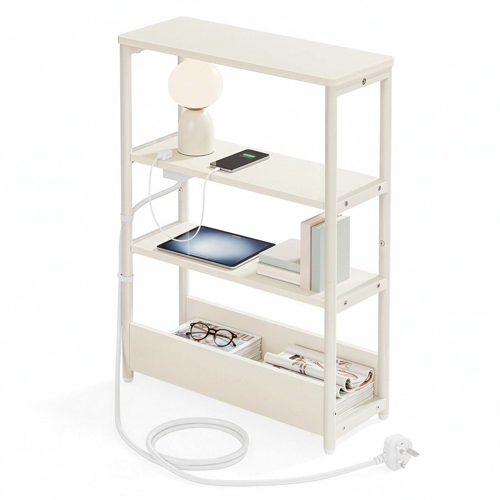 Slim End Table – Wood – Dark Finish – 3-Tier Design with Charging Station