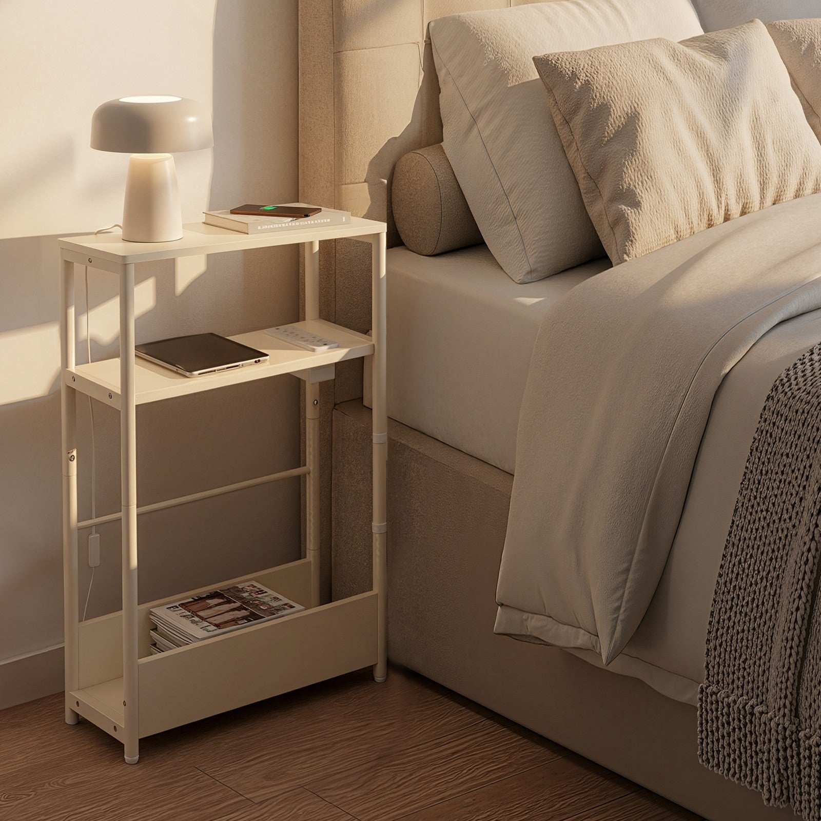 Slim End Table – Wood – Dark Finish – 3-Tier Design with Charging Station