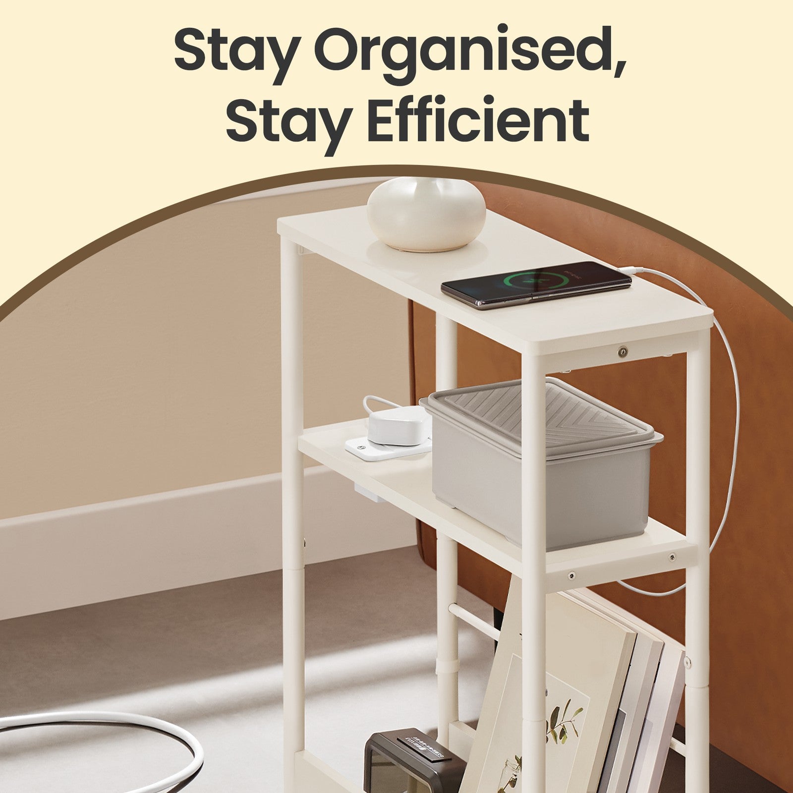 Slim End Table – Wood – Dark Finish – 3-Tier Design with Charging Station