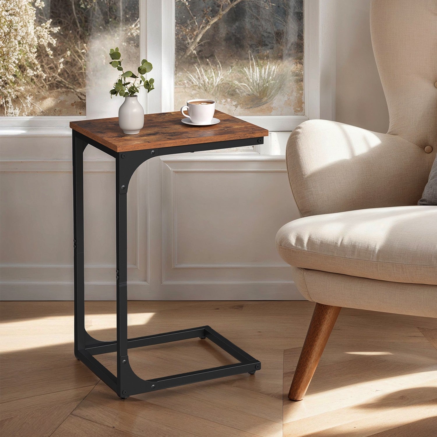 C-Shaped Sofa Table – Metal Frame – Rustic Brown and Black – Versatile End Table for Living Room and Bedroom