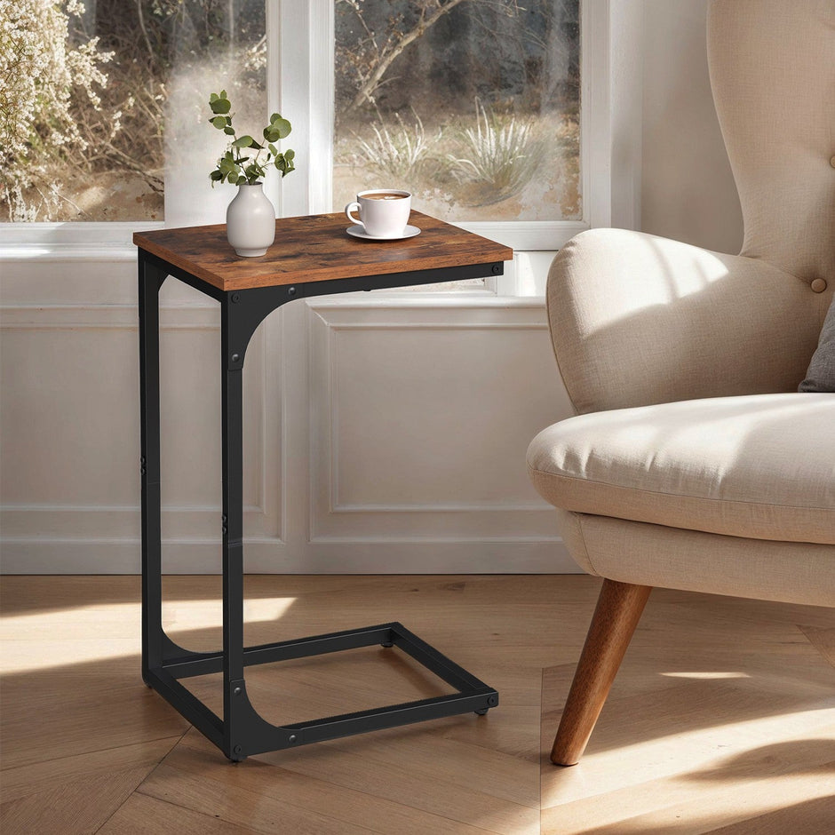 C-Shaped Sofa Table – Metal Frame – Rustic Brown and Black – Versatile End Table for Living Room and Bedroom