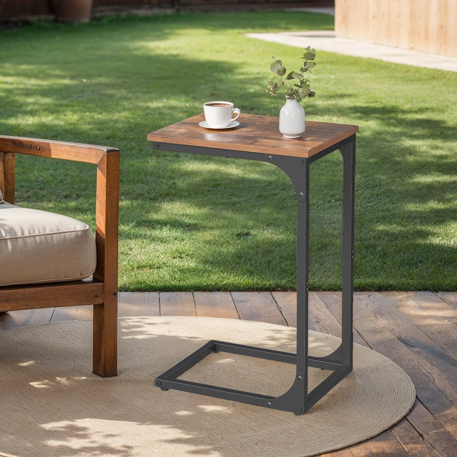 C-Shaped Sofa Table – Metal Frame – Rustic Brown and Black – Versatile End Table for Living Room and Bedroom