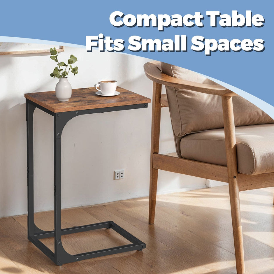 C-Shaped Sofa Table – Metal Frame – Rustic Brown and Black – Versatile End Table for Living Room and Bedroom