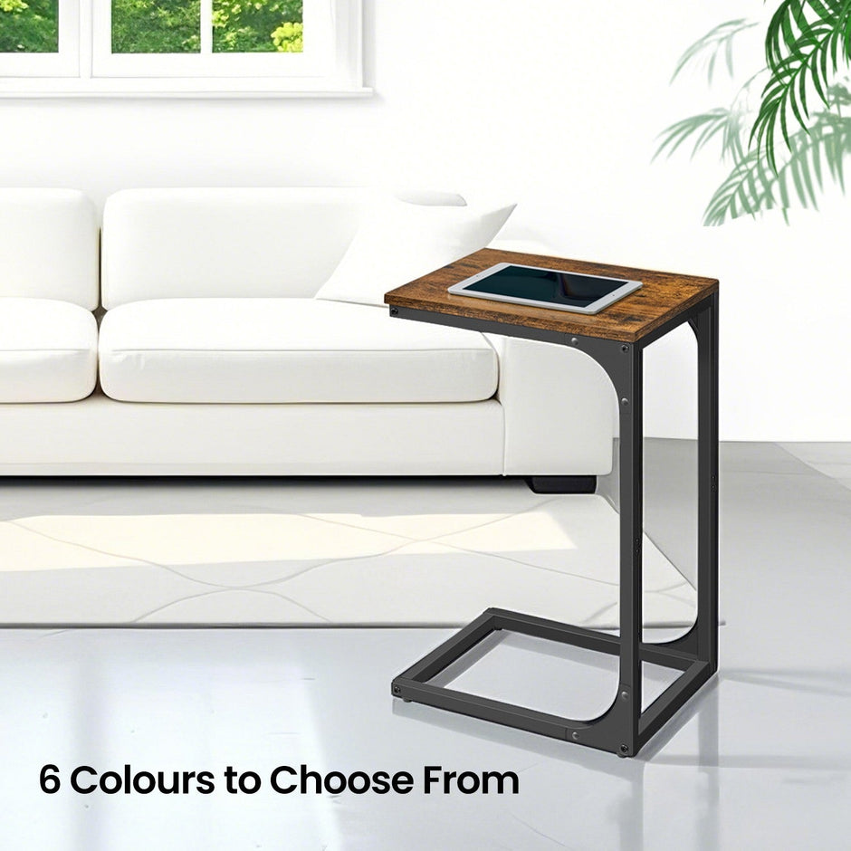 C-Shaped Sofa Table – Metal Frame – Rustic Brown and Black – Versatile End Table for Living Room and Bedroom