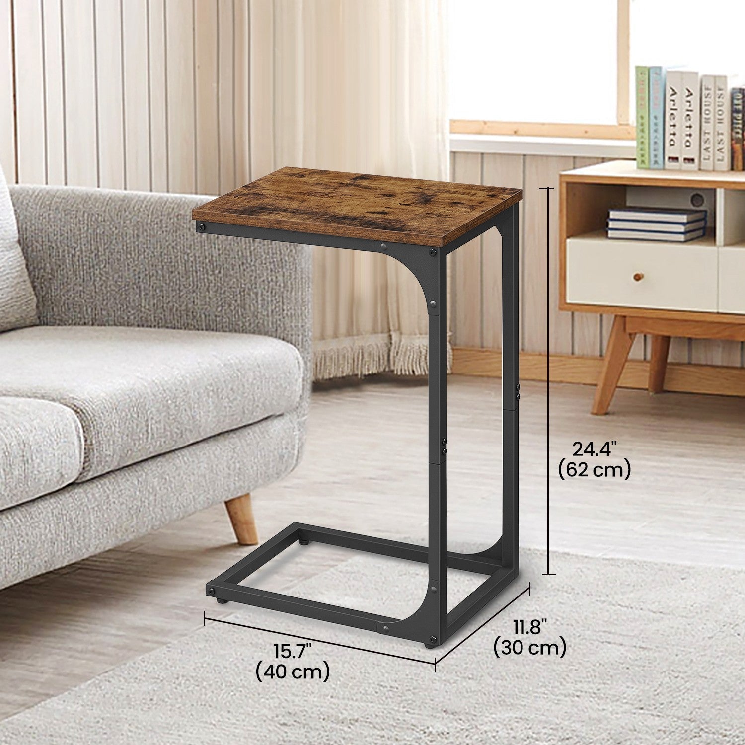 C-Shaped Sofa Table – Metal Frame – Rustic Brown and Black – Versatile End Table for Living Room and Bedroom