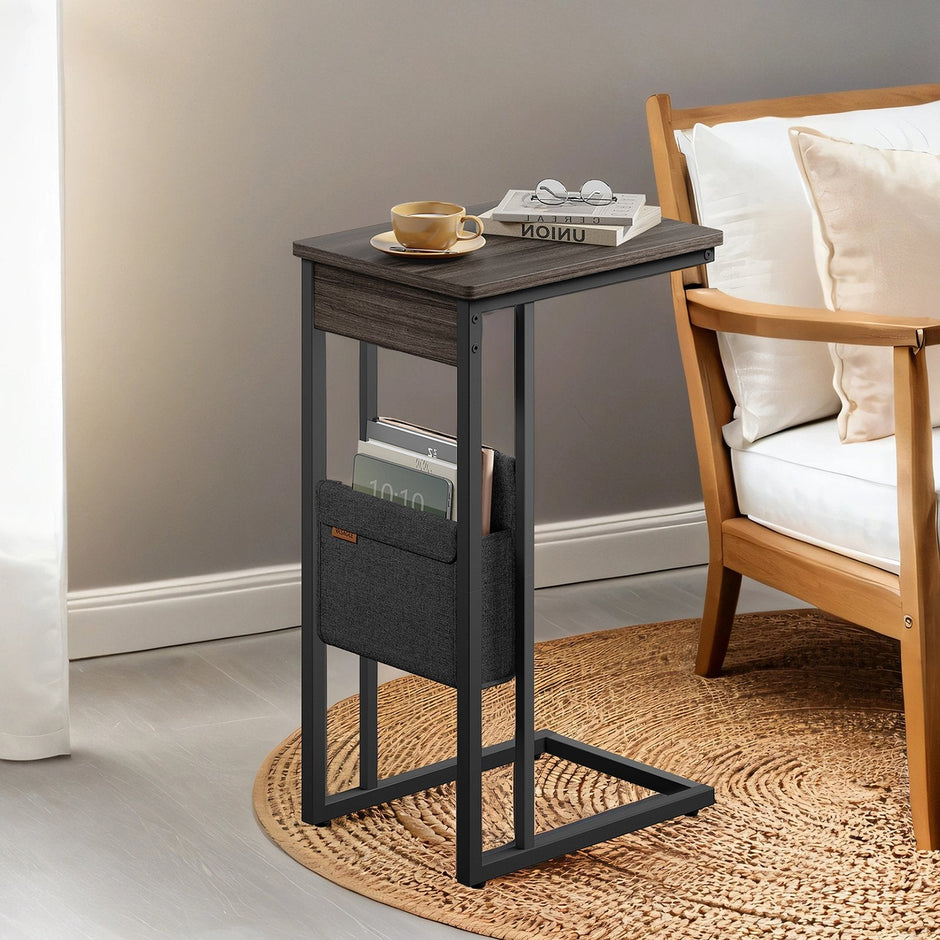 C-Shaped Side Table – Wood – Ebony Black – Features Fabric Storage Bag and Swivel Castors