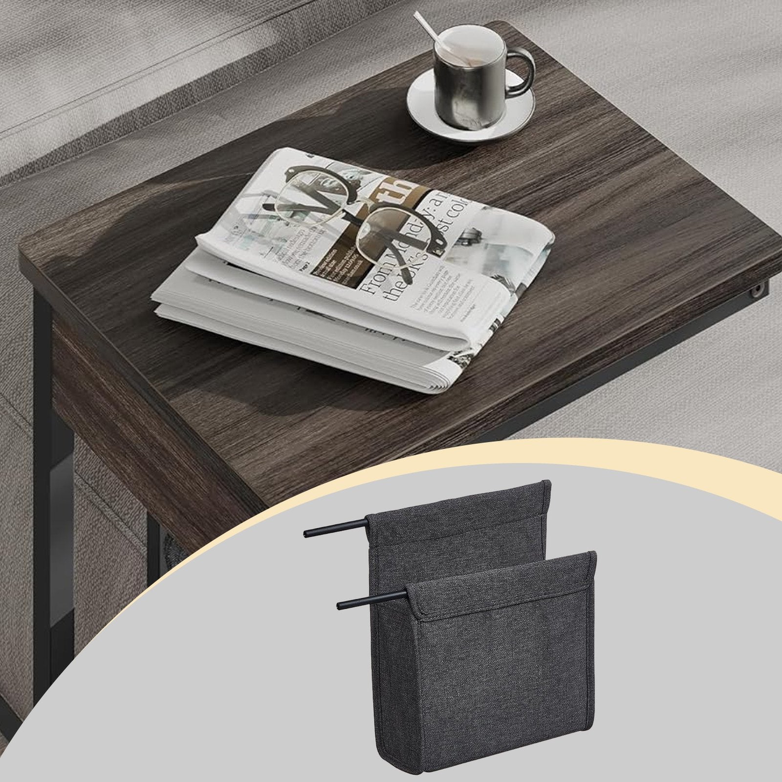 C-Shaped Side Table – Wood – Ebony Black – Features Fabric Storage Bag and Swivel Castors