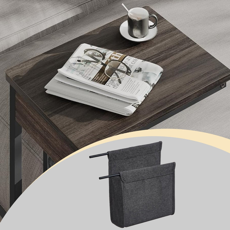 C-Shaped Side Table – Wood – Ebony Black – Features Fabric Storage Bag and Swivel Castors