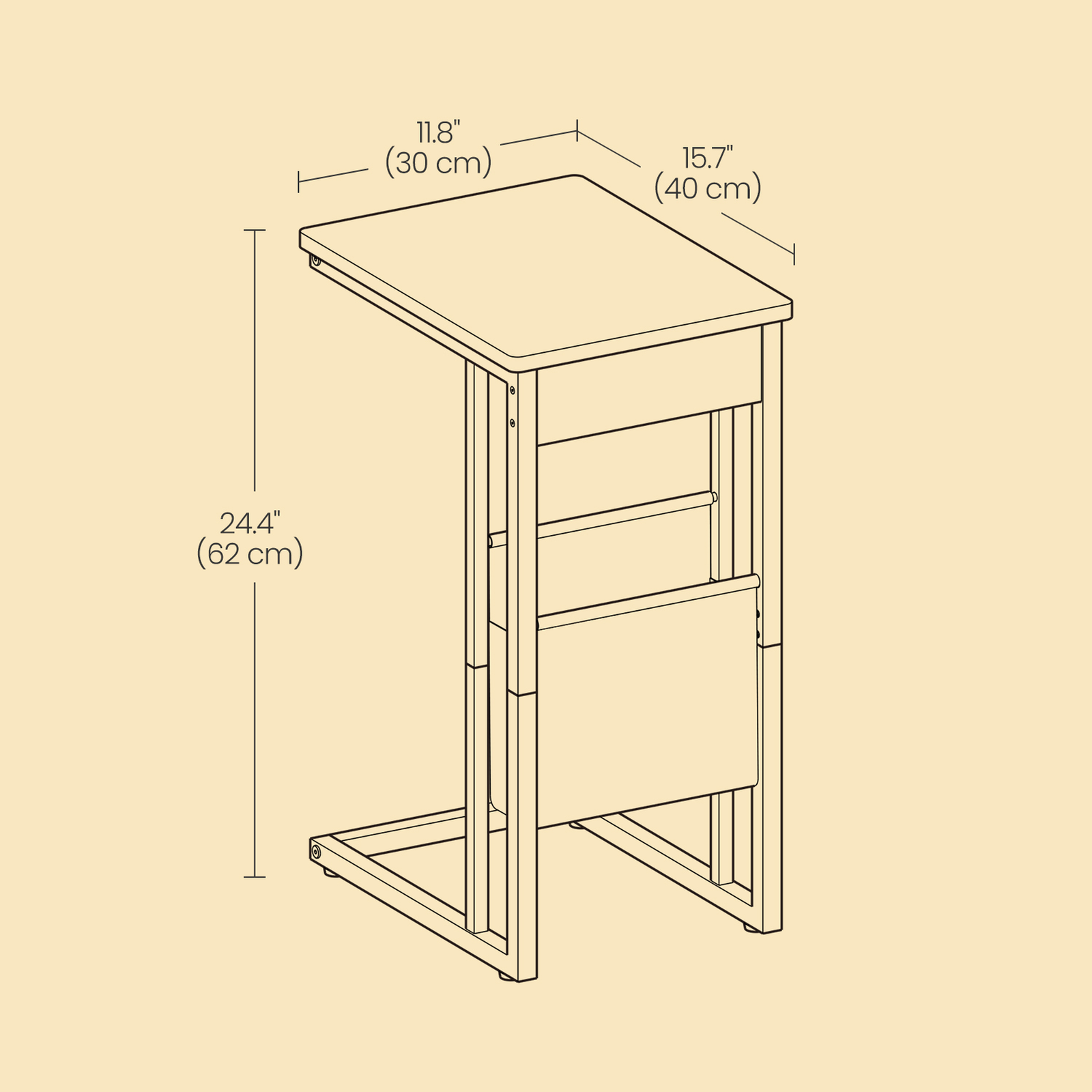 C-Shaped Side Table – Wood – Ebony Black – Features Fabric Storage Bag and Swivel Castors