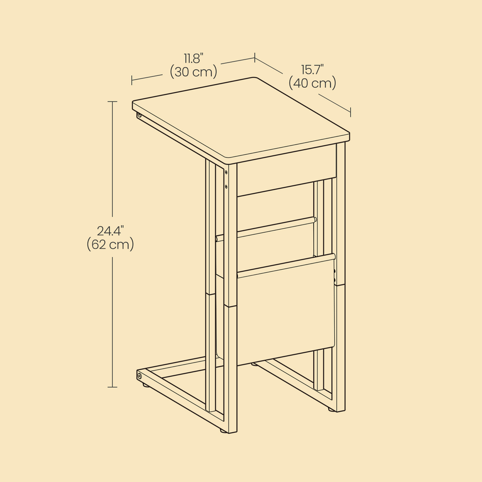 C-Shaped Side Table – Wood – Ebony Black – Features Fabric Storage Bag and Swivel Castors