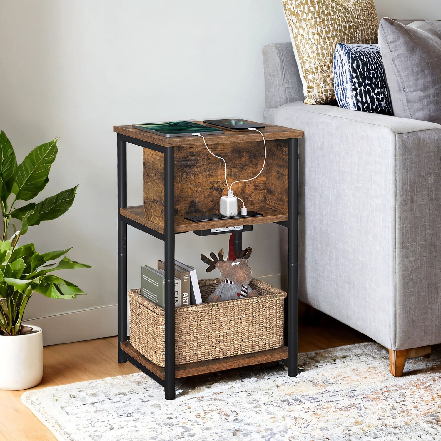 Slim Side Table – Wood – Rustic Brown and Black – Features Charging Station with 2 AC Outlets and 2 USB Outlets