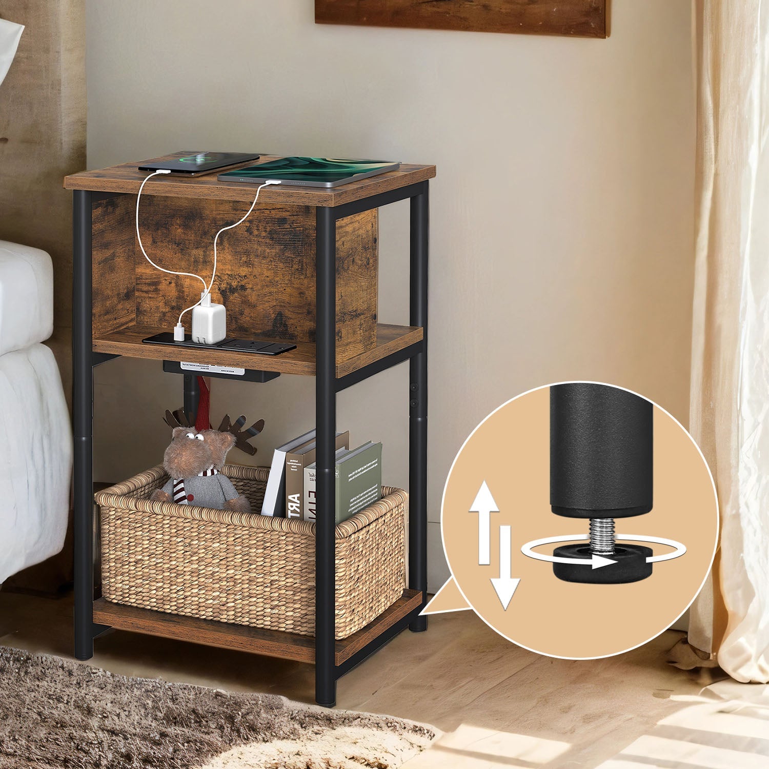 Slim Side Table – Wood – Rustic Brown and Black – Features Charging Station with 2 AC Outlets and 2 USB Outlets
