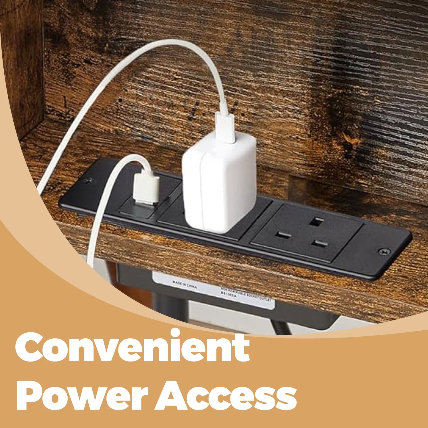 Slim Side Table – Wood – Rustic Brown and Black – Features Charging Station with 2 AC Outlets and 2 USB Outlets