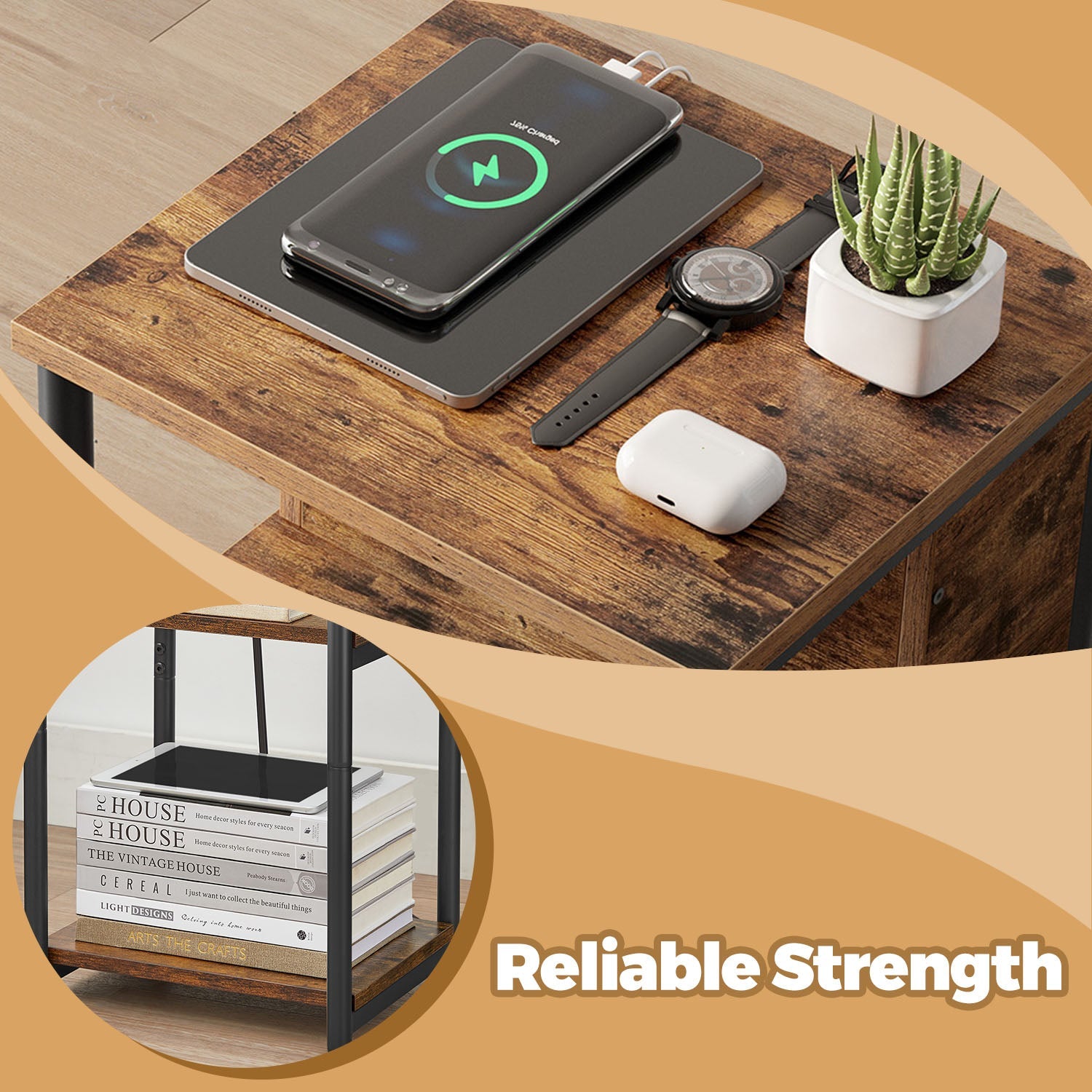 Slim Side Table – Wood – Rustic Brown and Black – Features Charging Station with 2 AC Outlets and 2 USB Outlets