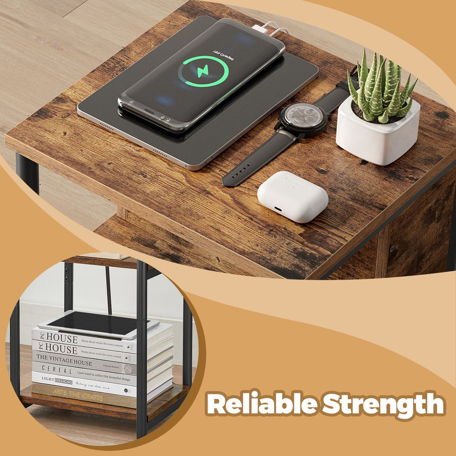 Slim Side Table – Wood – Rustic Brown and Black – Features Charging Station with 2 AC Outlets and 2 USB Outlets