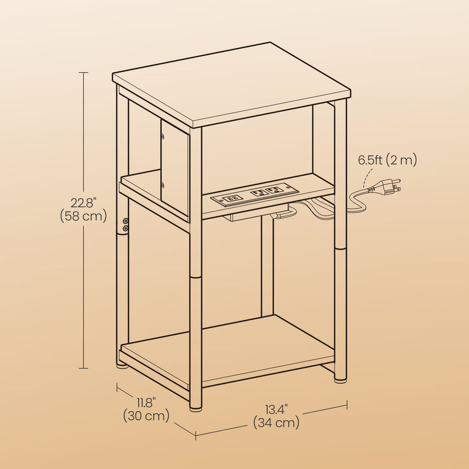 Slim Side Table – Wood – Rustic Brown and Black – Features Charging Station with 2 AC Outlets and 2 USB Outlets