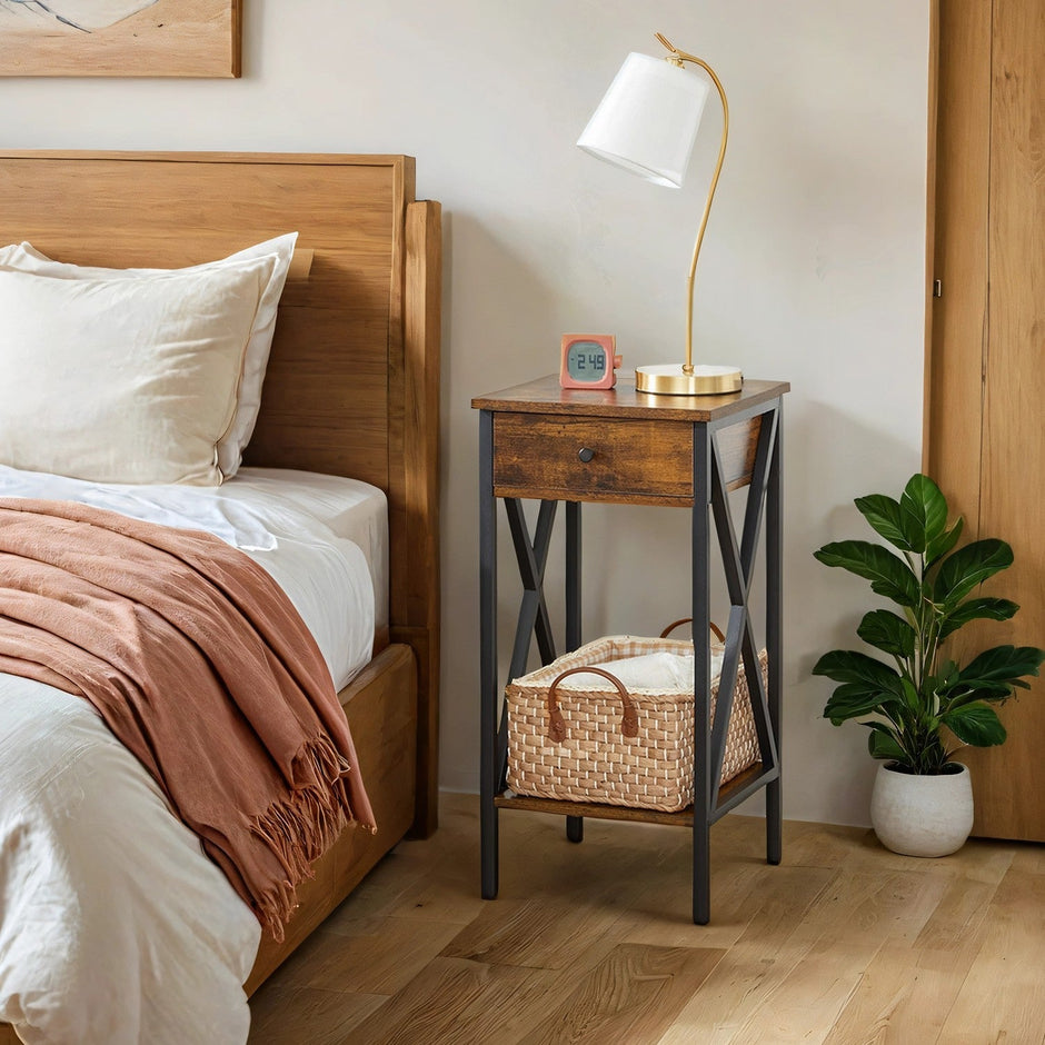 Bedside Table – Wood and Metal – Rustic Brown and Black – Tall Design with Drawer and Storage Shelf