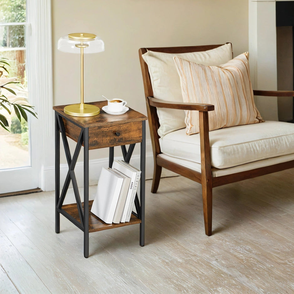 Bedside Table – Wood and Metal – Rustic Brown and Black – Tall Design with Drawer and Storage Shelf