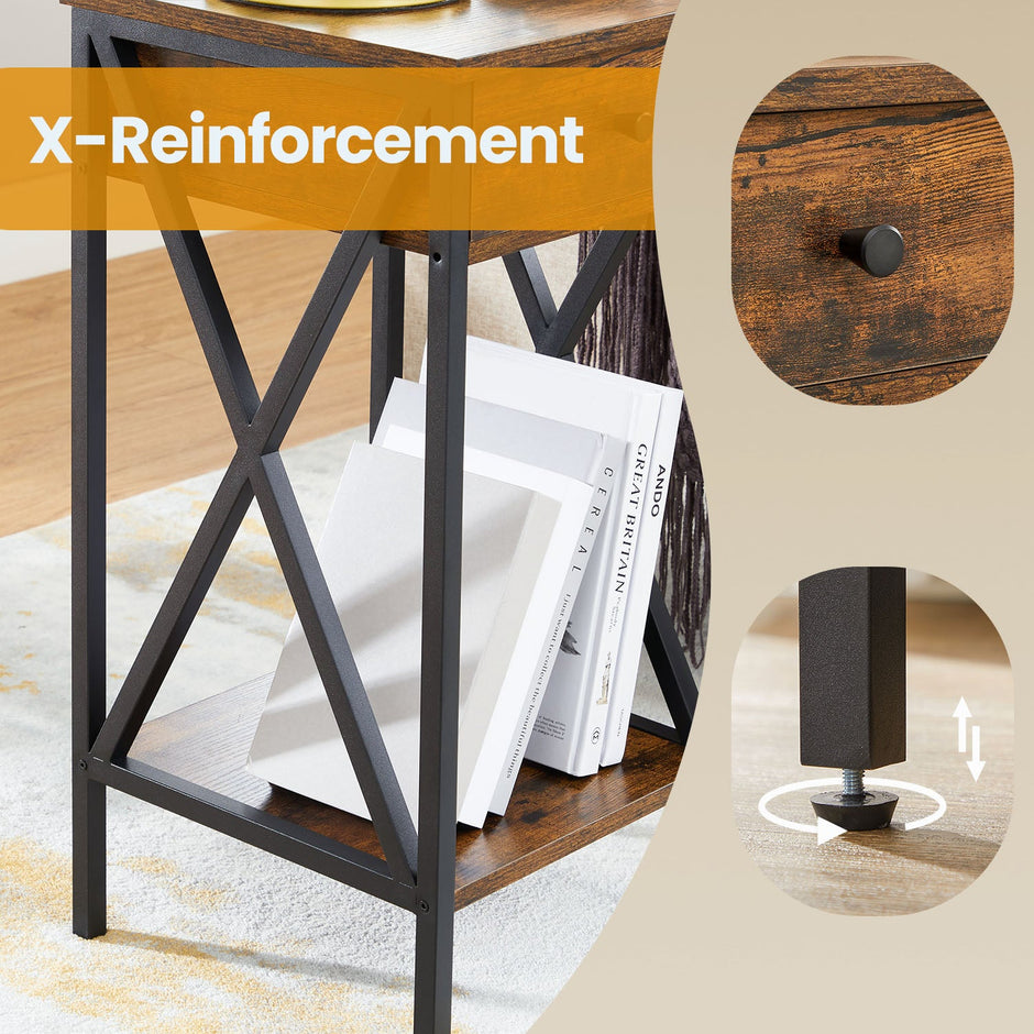 Bedside Table – Wood and Metal – Rustic Brown and Black – Tall Design with Drawer and Storage Shelf