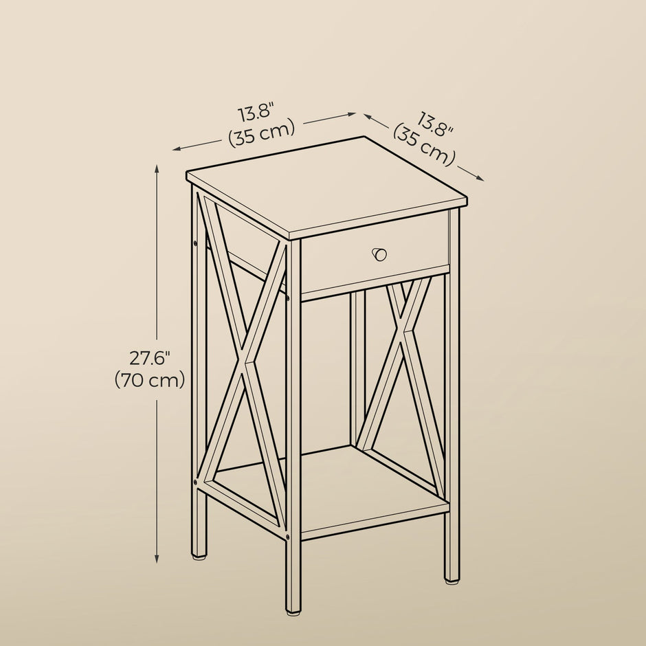 Bedside Table – Wood and Metal – Rustic Brown and Black – Tall Design with Drawer and Storage Shelf