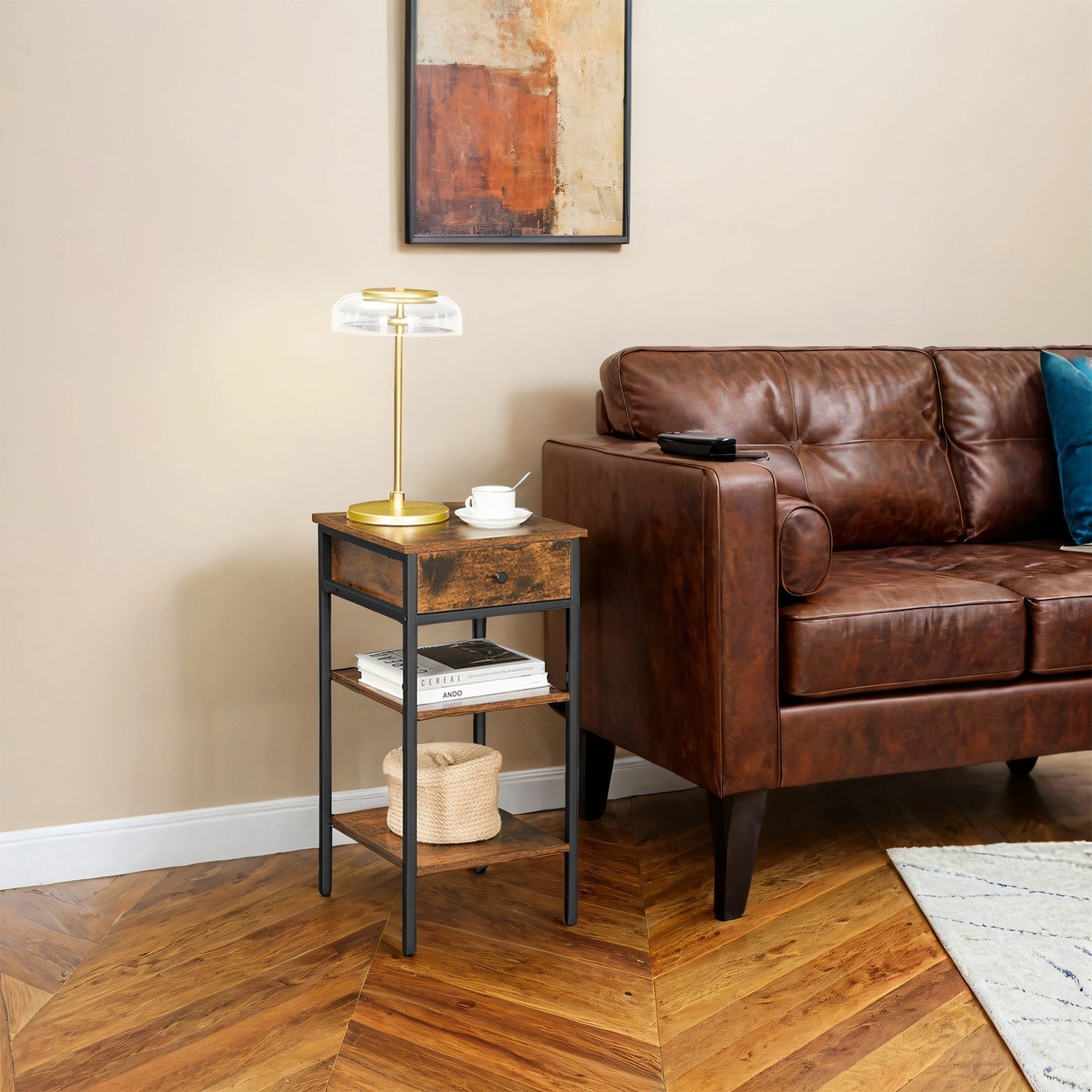 Nightstand – Wood and Metal – Rustic Brown and Black – Space-Saving with Drawer and 2 Storage Shelves