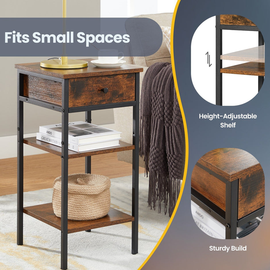 Nightstand – Wood and Metal – Rustic Brown and Black – Space-Saving with Drawer and 2 Storage Shelves