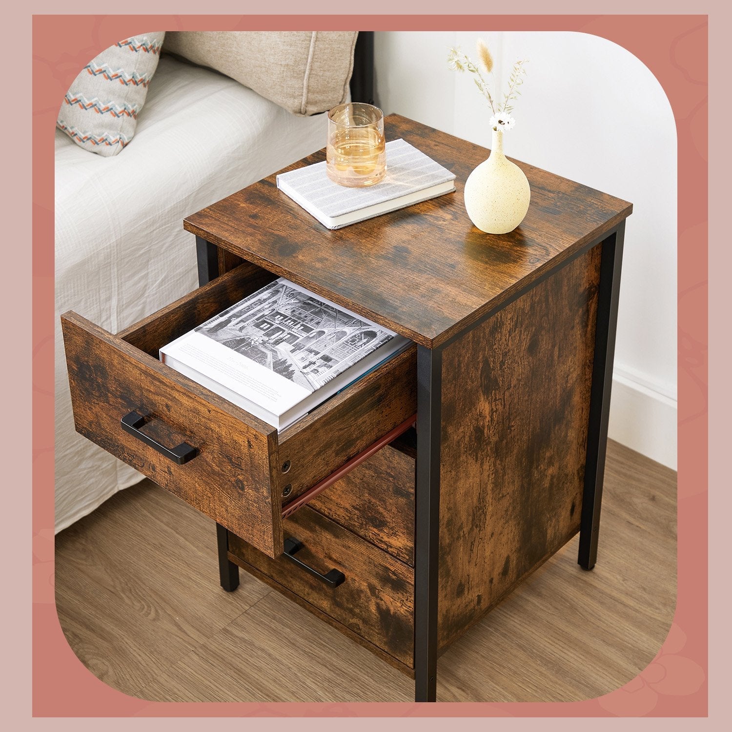 Nightstand – Wood – Rustic Brown and Black – Industrial Style with 3 Drawers