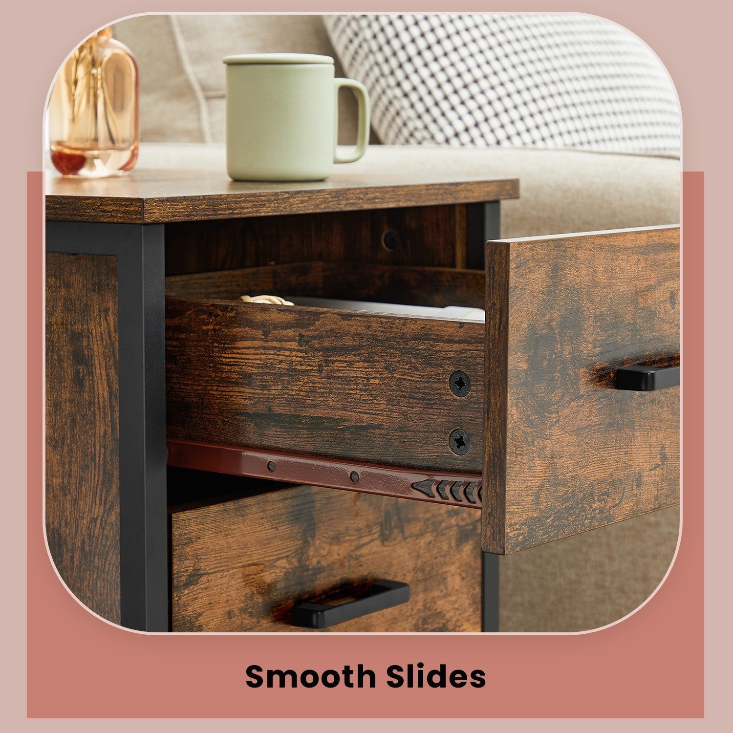 Nightstand – Wood – Rustic Brown and Black – Industrial Style with 3 Drawers