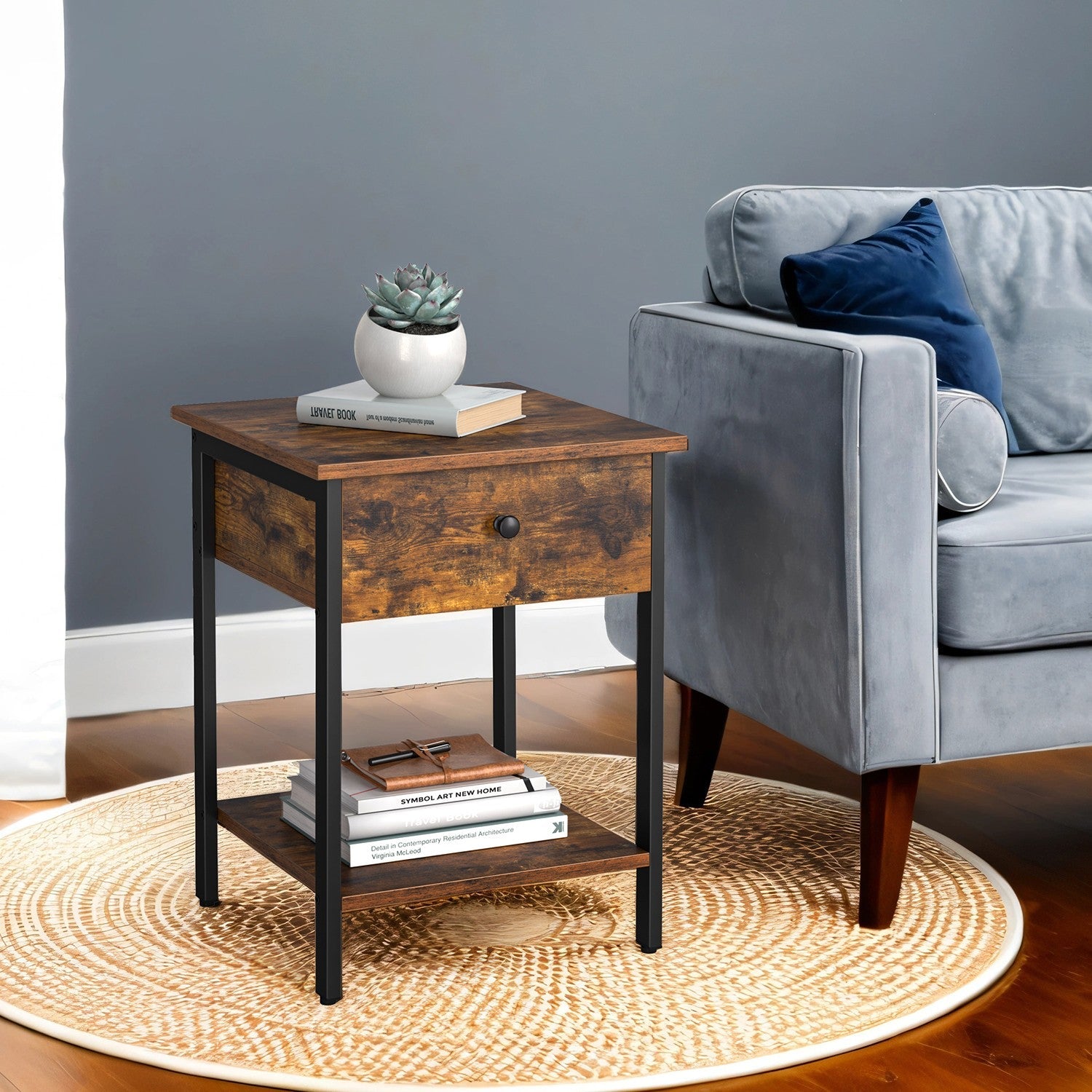 Nightstand – Metal – Rustic Brown – Industrial Design with Drawer and Shelf
