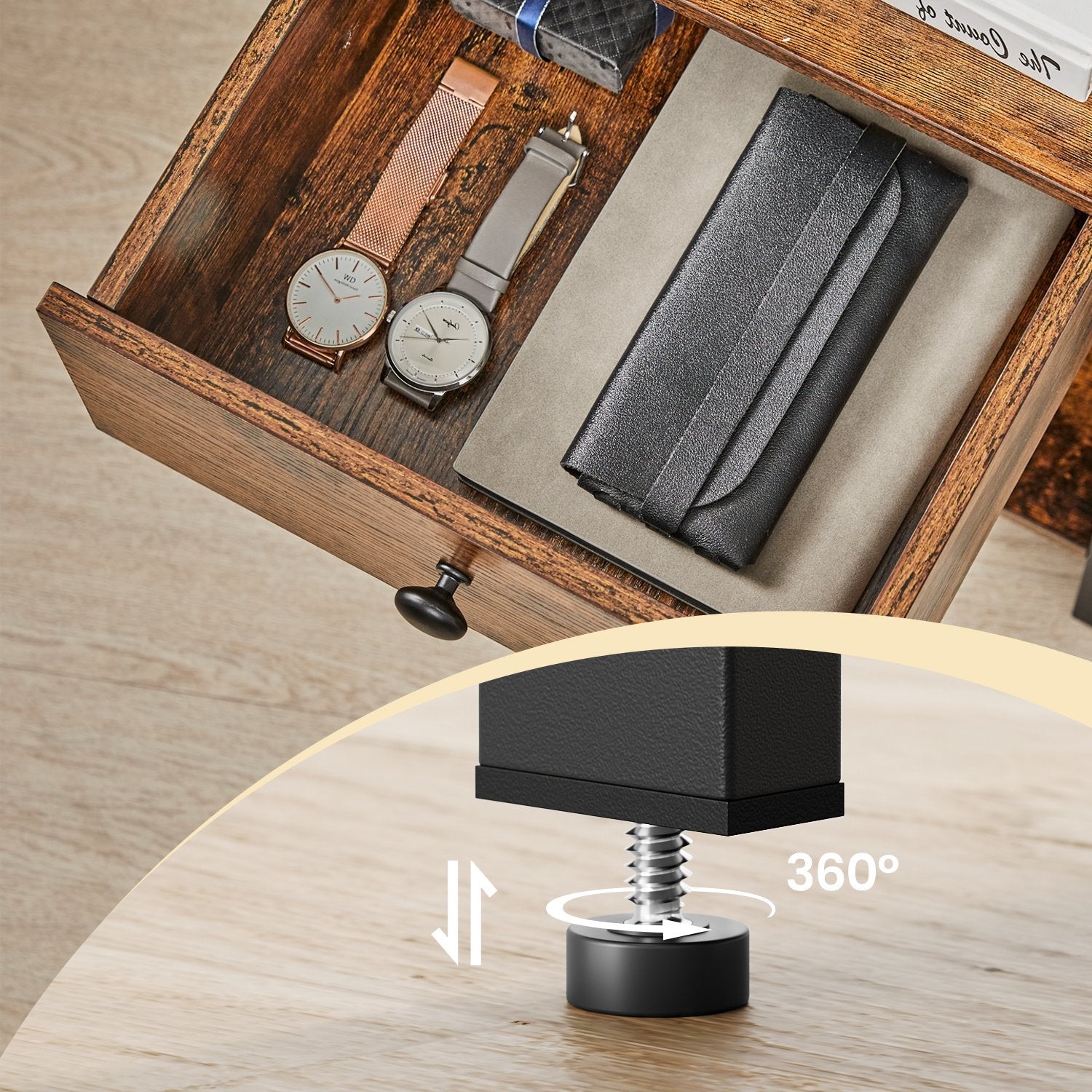 Nightstand – Metal – Rustic Brown – Industrial Design with Drawer and Shelf