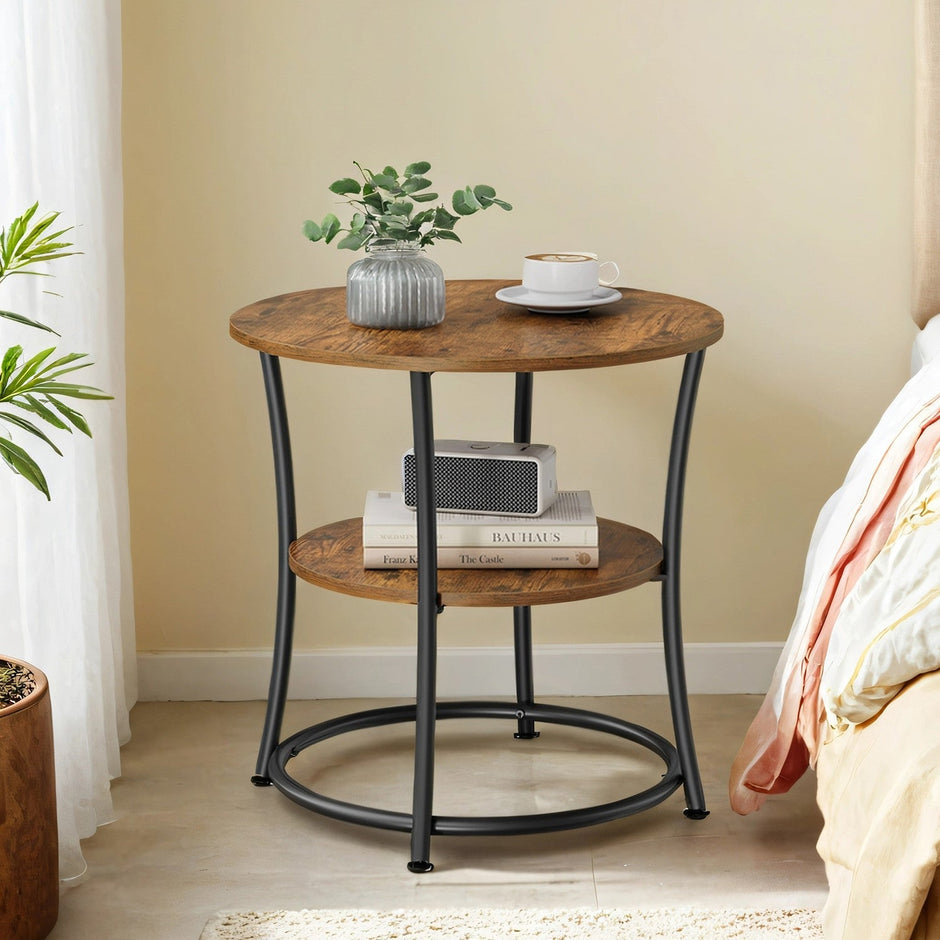 End Table – Wood and Metal – Rustic Brown and Black – 2-Tier Design for Small Spaces
