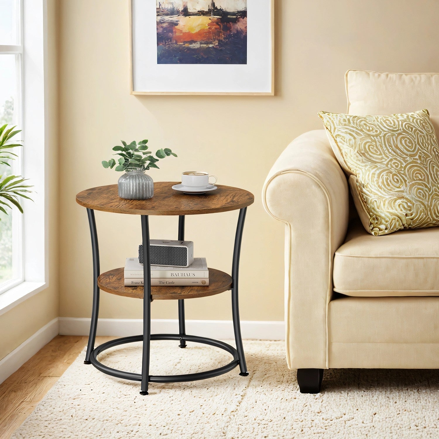 End Table – Wood and Metal – Rustic Brown and Black – 2-Tier Design for Small Spaces