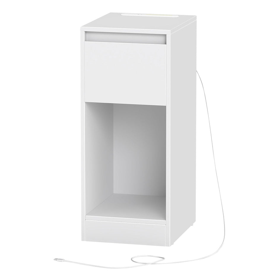 Nightstand – Wood – Cloud White – Slim Design with Charging Station and LED Light