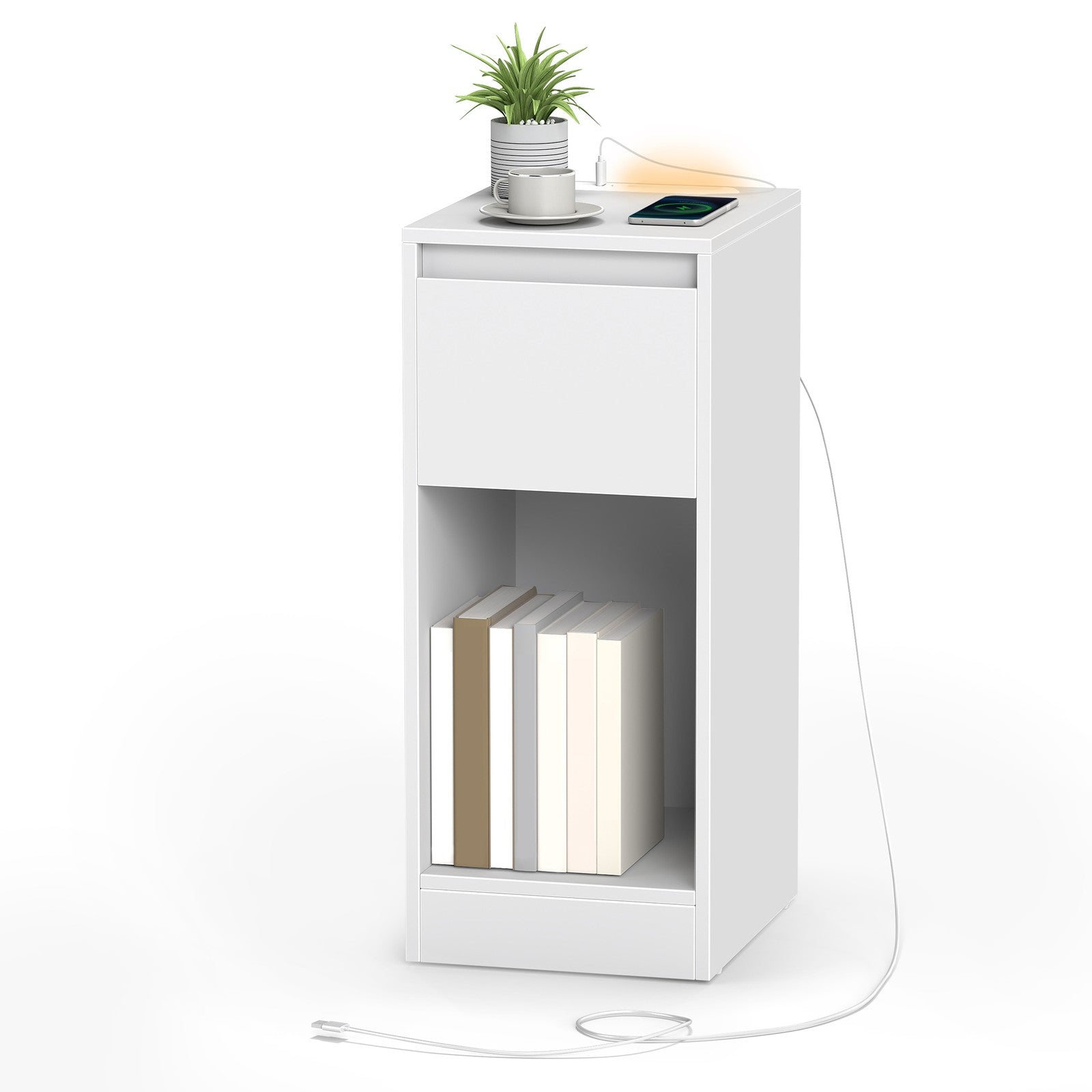 Nightstand – Wood – Cloud White – Slim Design with Charging Station and LED Light