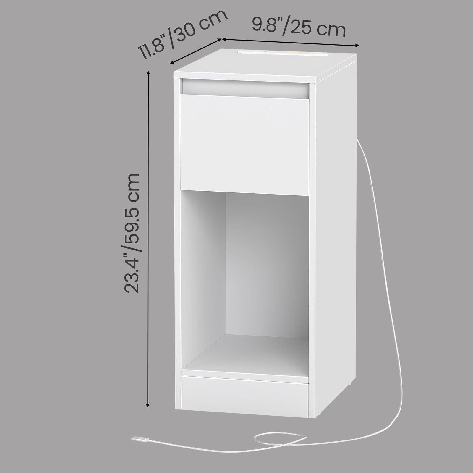 Nightstand – Wood – Cloud White – Slim Design with Charging Station and LED Light