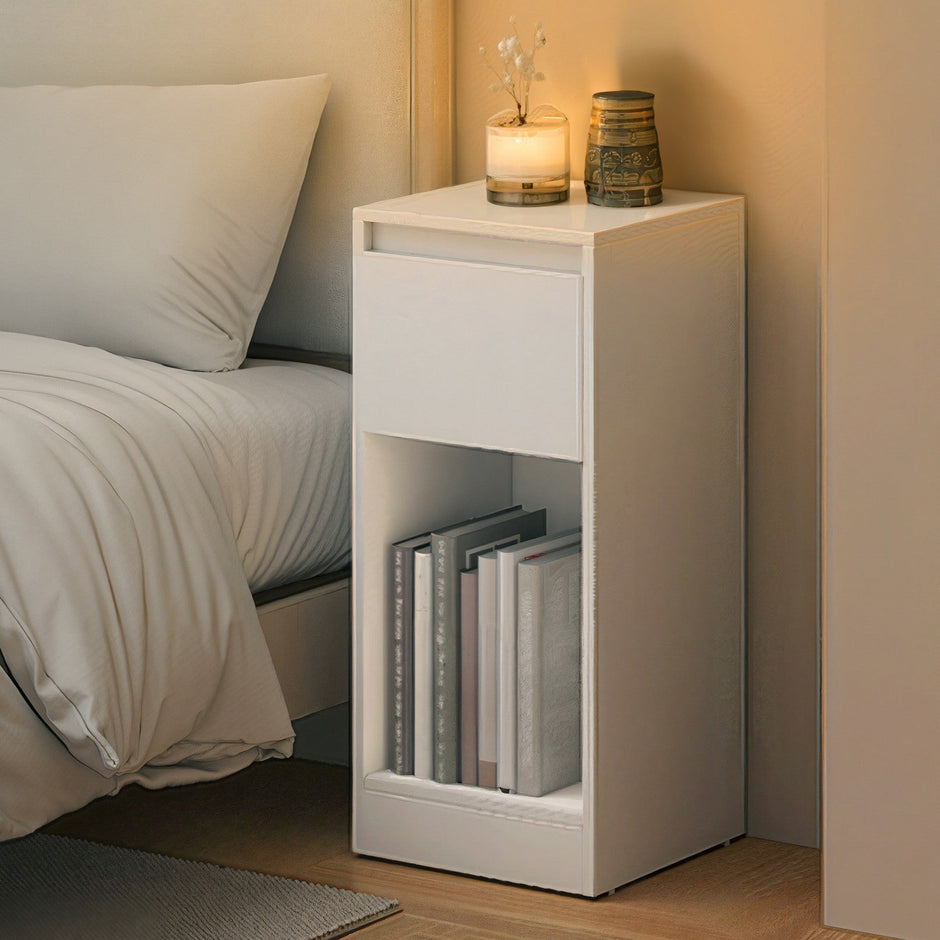 Nightstand – Wood – Cloud White – Slim Design with Charging Station and LED Light