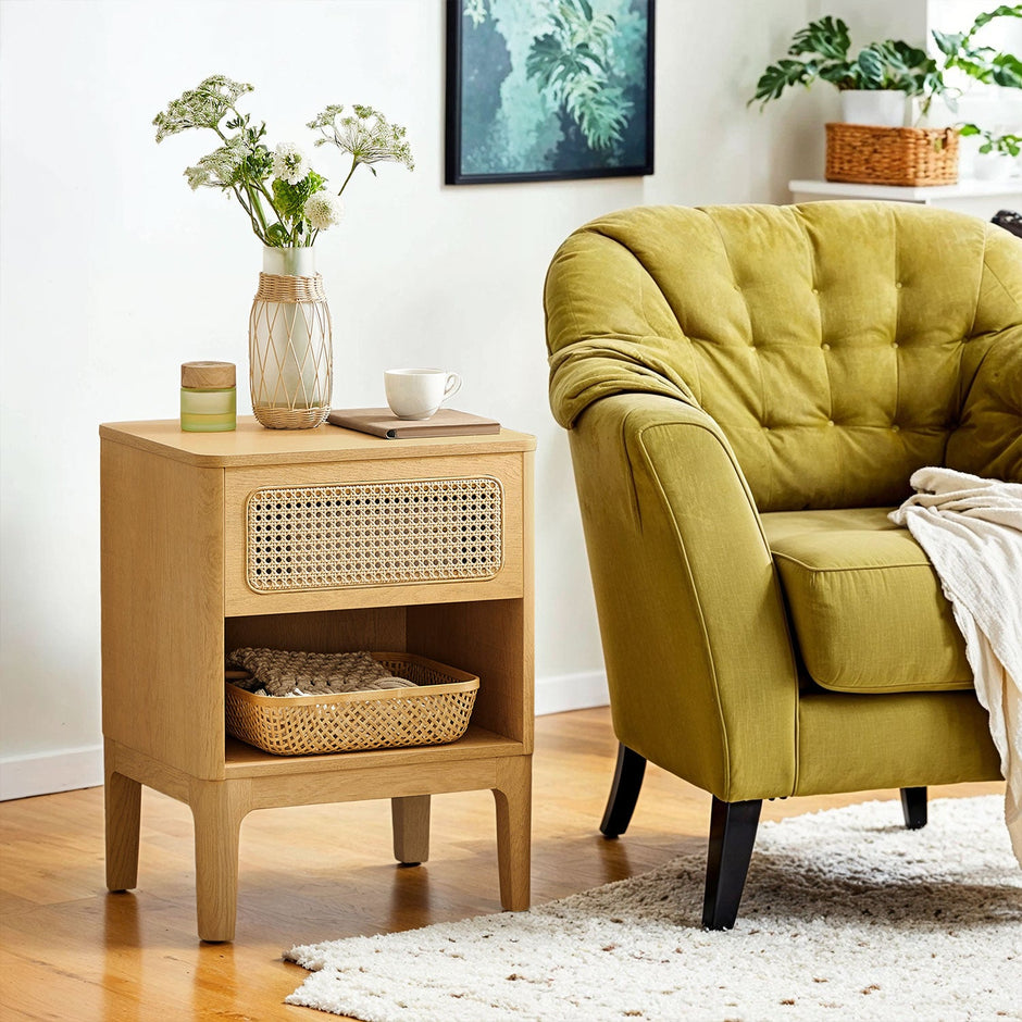 Rattan Side Table – Natural – Modern Design with Drawer