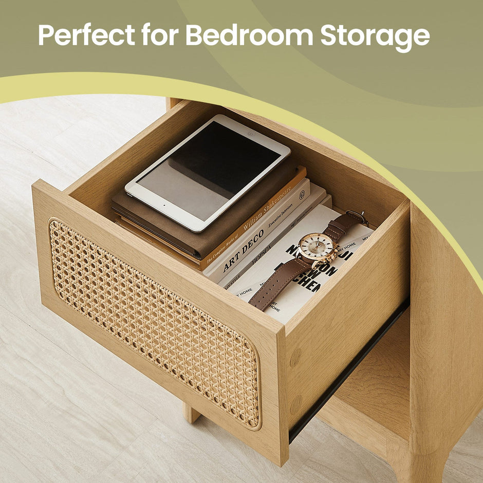 Rattan Side Table – Natural – Modern Design with Drawer