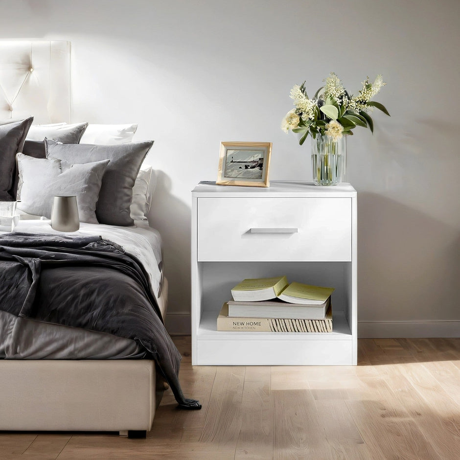 Bedside Table – Wood – Classic White/Cblack/Chestnut Brown/Ink Black/Natural Beige/Cloud White – Features Drawer and Open Compartment