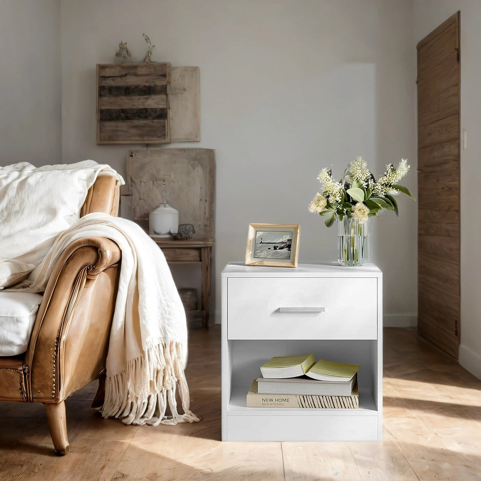 Bedside Table – Wood – Classic White/Cblack/Chestnut Brown/Ink Black/Natural Beige/Cloud White – Features Drawer and Open Compartment