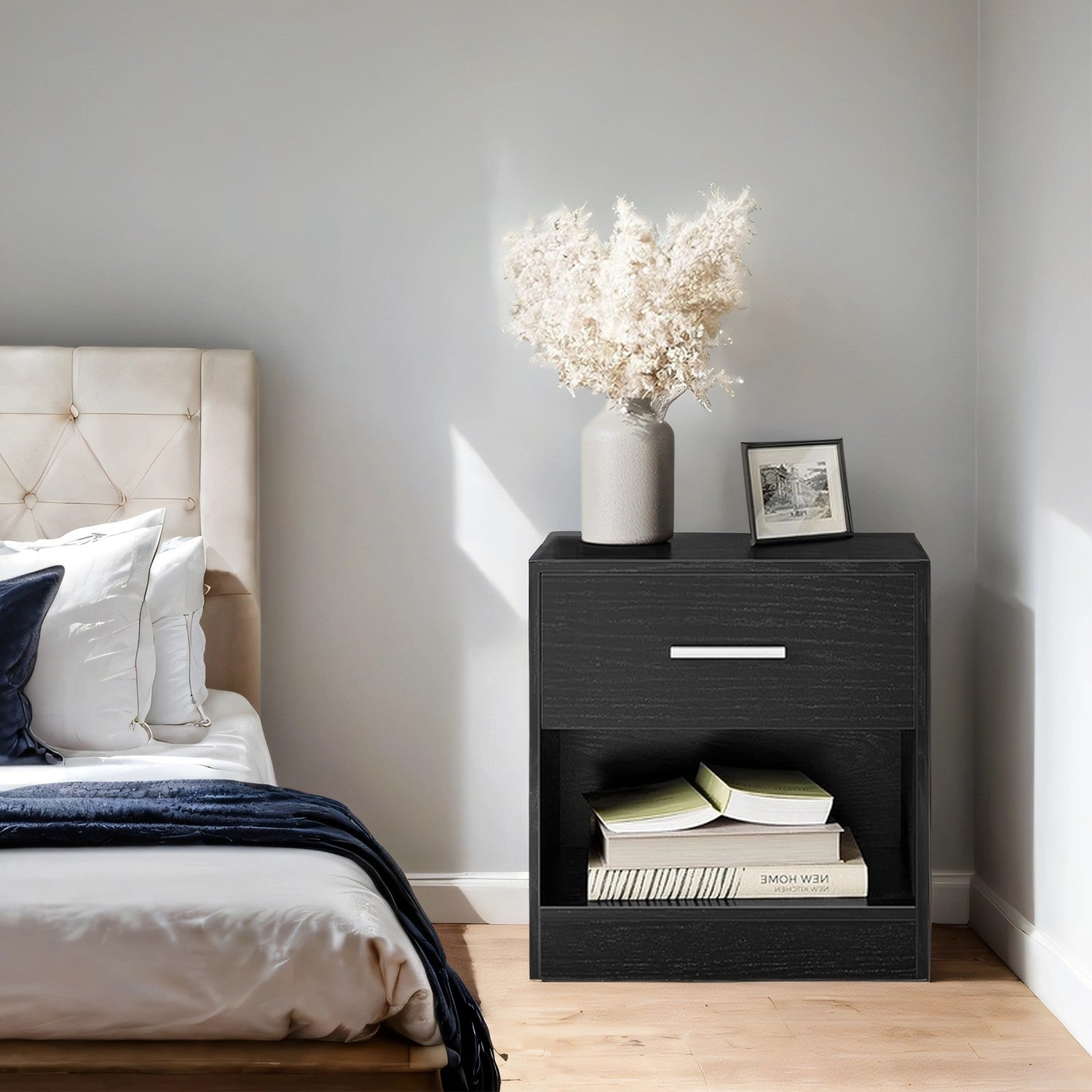 Bedside Table – Wood – Classic White/Cblack/Chestnut Brown/Ink Black/Natural Beige/Cloud White – Features Drawer and Open Compartment
