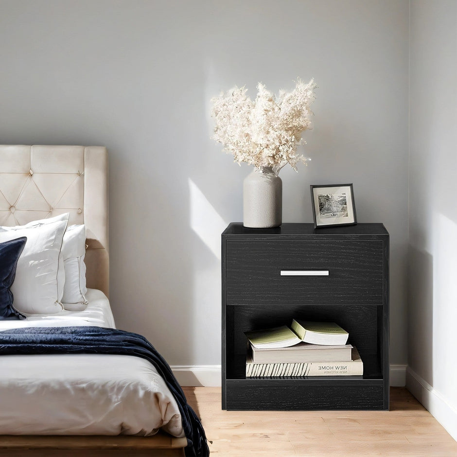 Bedside Table – Wood – Classic White/Cblack/Chestnut Brown/Ink Black/Natural Beige/Cloud White – Features Drawer and Open Compartment