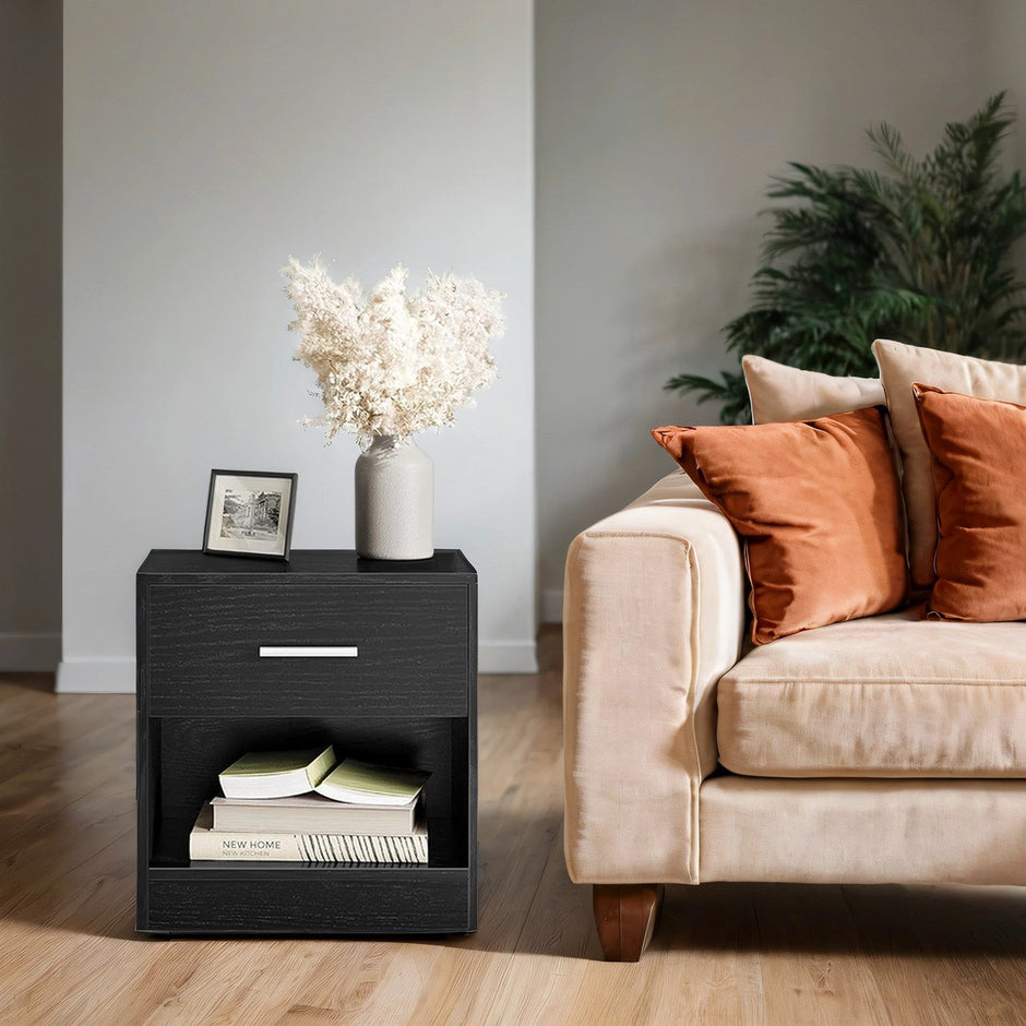 Bedside Table – Wood – Classic White/Cblack/Chestnut Brown/Ink Black/Natural Beige/Cloud White – Features Drawer and Open Compartment