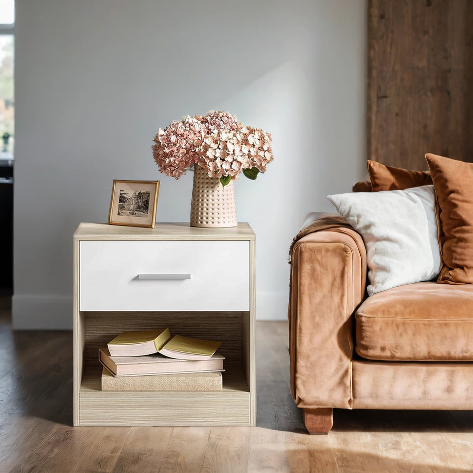 Bedside Table – Wood – Classic White/Cblack/Chestnut Brown/Ink Black/Natural Beige/Cloud White – Features Drawer and Open Compartment