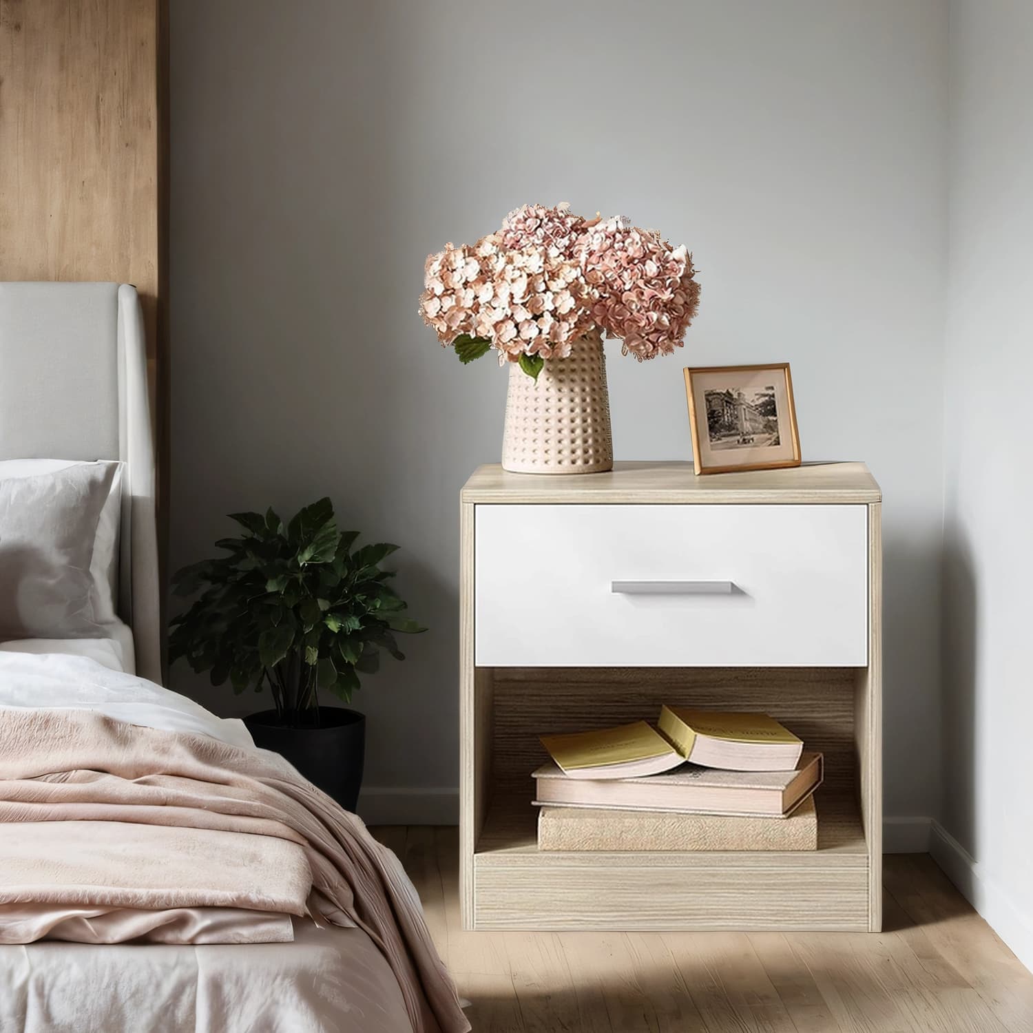 Bedside Table – Wood – Classic White/Cblack/Chestnut Brown/Ink Black/Natural Beige/Cloud White – Features Drawer and Open Compartment