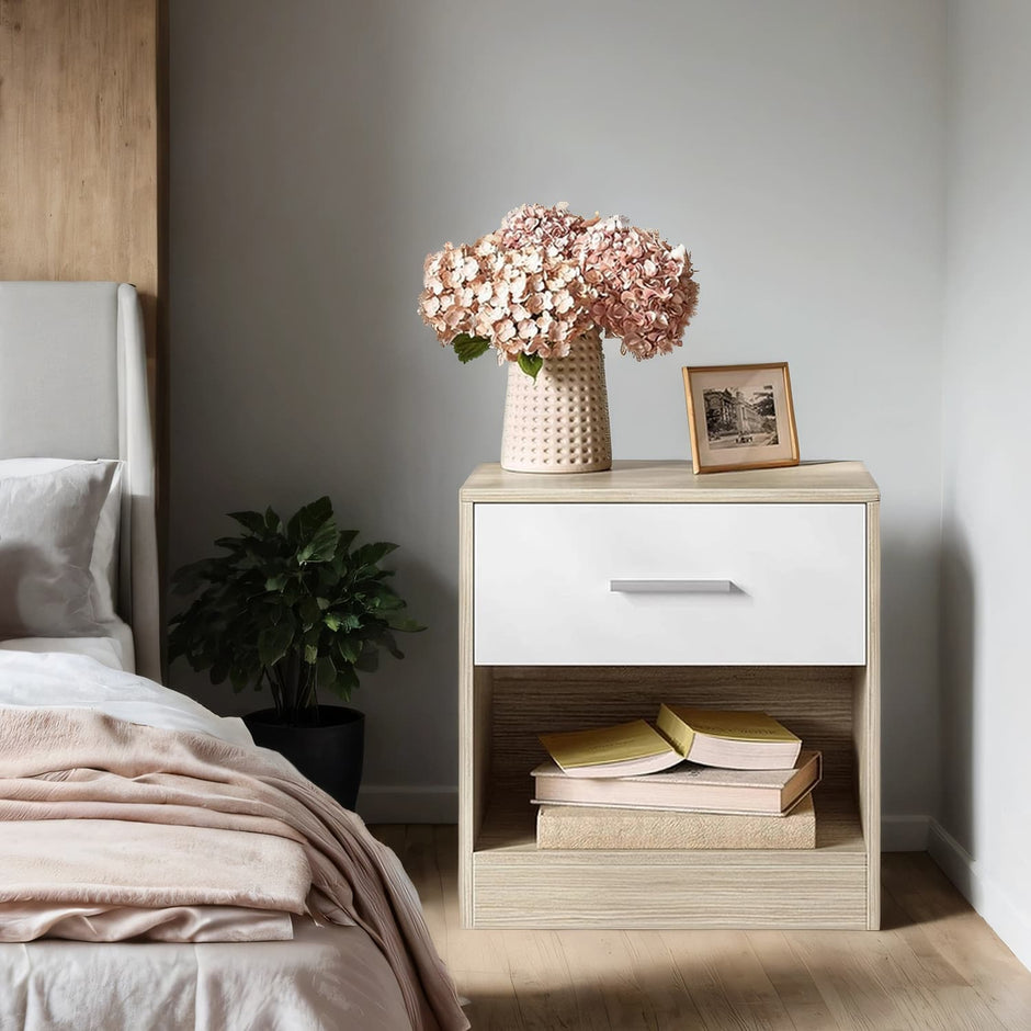 Bedside Table – Wood – Classic White/Cblack/Chestnut Brown/Ink Black/Natural Beige/Cloud White – Features Drawer and Open Compartment