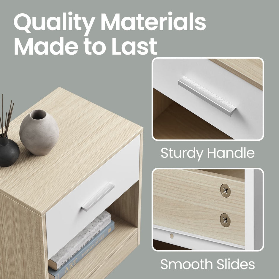 Bedside Table – Wood – Classic White/Cblack/Chestnut Brown/Ink Black/Natural Beige/Cloud White – Features Drawer and Open Compartment