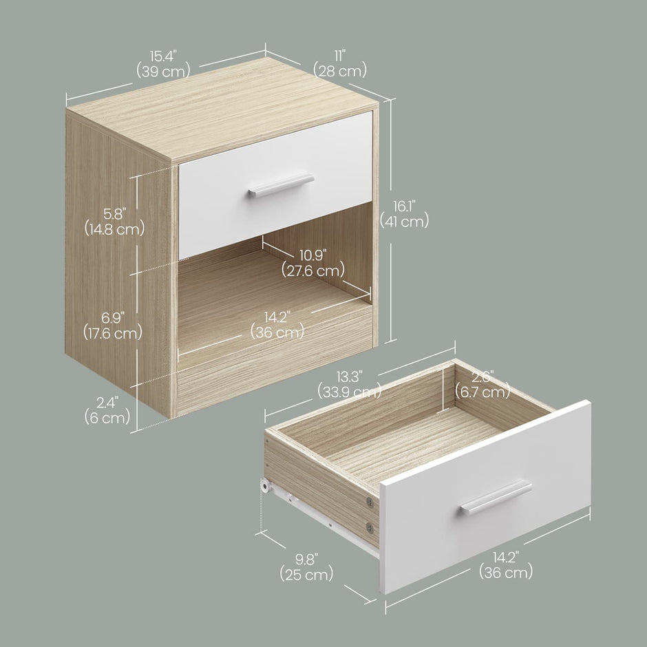 Bedside Table – Wood – Classic White/Cblack/Chestnut Brown/Ink Black/Natural Beige/Cloud White – Features Drawer and Open Compartment