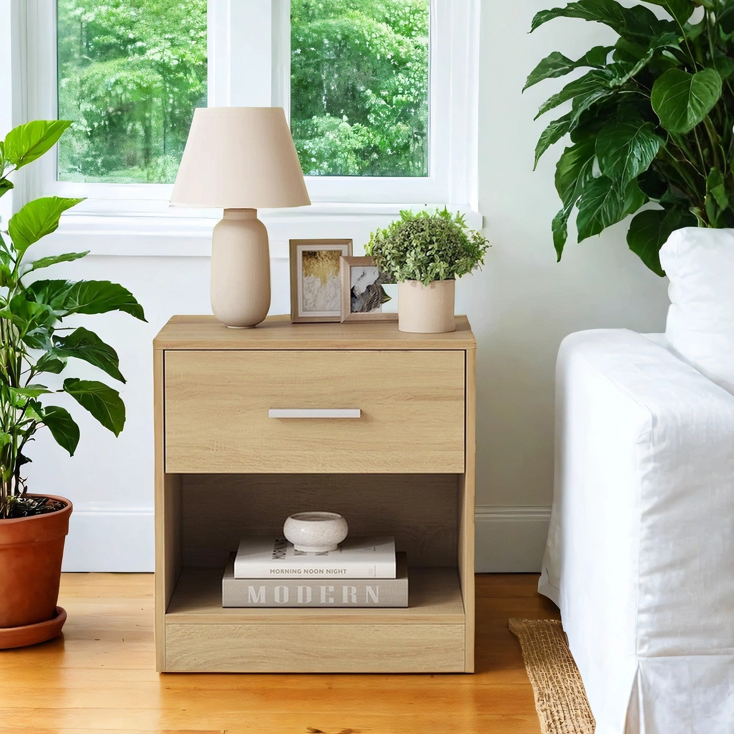 Bedside Table – Wood – Classic White/Cblack/Chestnut Brown/Ink Black/Natural Beige/Cloud White – Features Drawer and Open Compartment